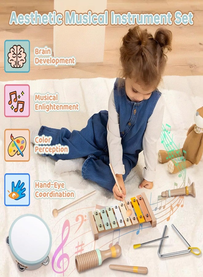 Rmischolar Baby Musical Instruments - Neutral Colors Musical Toys for Toddlers 1-3, Montessori Wooden Percussion Instruments Set with Modern Boho Xylophone Tambourine, Kids Preschool Educational Birthday Gifts - Image 2